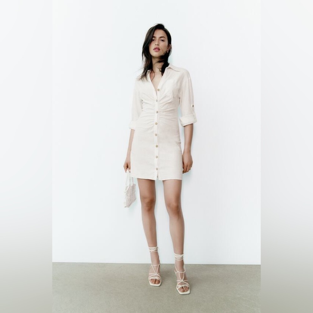 ZARA Linen Shirt Dress With Ruching Oyster White Small